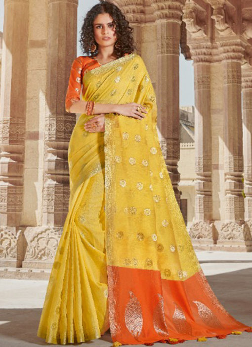 Yellow Linen Zari Weaving Traditional Designer Saree