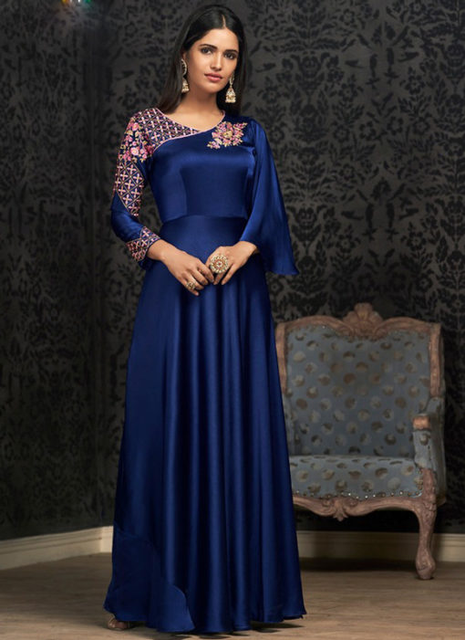 Royale Blue Georgette Embroidered Work Party Wear Designer Gown