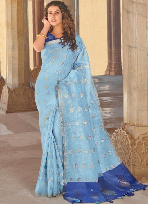 Sky Blue Linen Zari Weaving Traditional Designer Saree