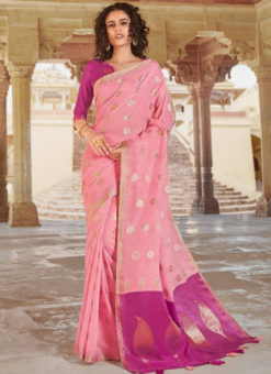 Pink Linen Zari Weaving Traditional Designer Saree