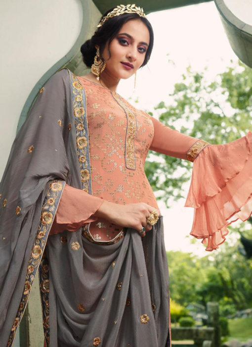 Elegant Peach Chiffon Sequins Work Party Wear Designer Salwar Suit