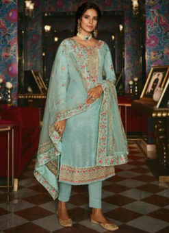 Sky Blue Silk Embroidered Work Designer Salwar Suit