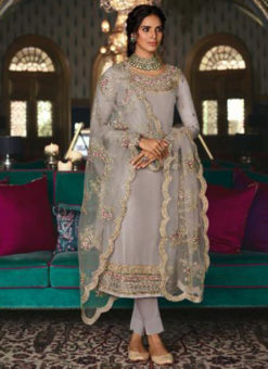 Grey Silk Embroidered Work Designer Salwar Suit