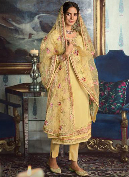 Yellow Silk Embroidered Work Designer Salwar Suit