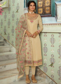 Cream Silk Embroidered Work Designer Salwar Suit