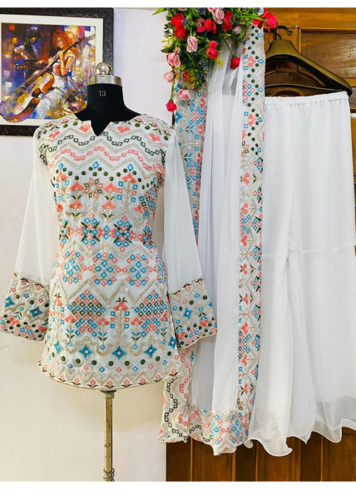 Lovely White Georgette Embroidered Work Designer Salwar Suit