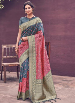 Elegant Grey And Pink Banarasi Silk Zari Weaving Wedding Saree