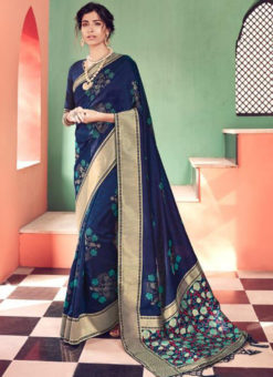 Beautiful Blue Banarasi Silk Zari Weaving Wedding Saree