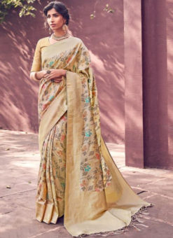 Amazing Cream Banarasi Silk Zari Weaving Wedding Saree