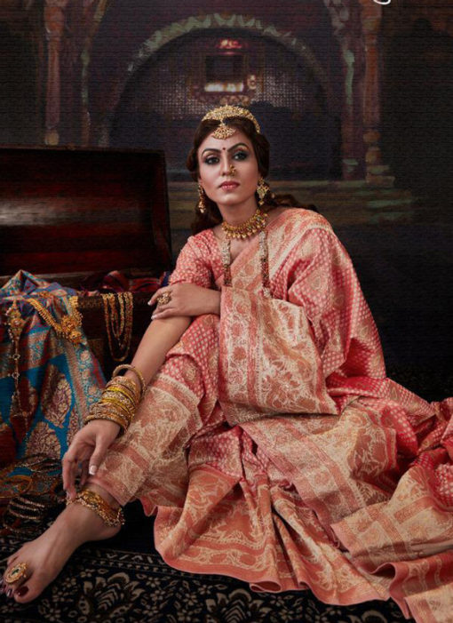 Wonderful Peach Banarasi Silk Zari Weaving Designer Wedding Saree