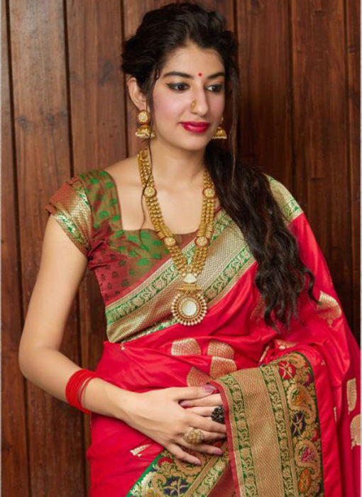 Lavish Red Silk Zari Weaving  Wedding Wear Saree