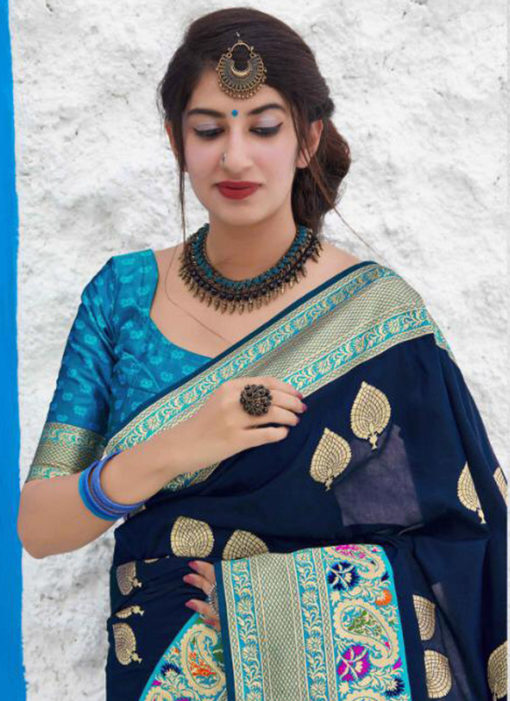 Jazzy Navy Blue Silk Zari Weaving Wedding Wear Saree