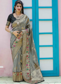 Graceful Grey Silk Zari Weaving Wedding Wear Saree