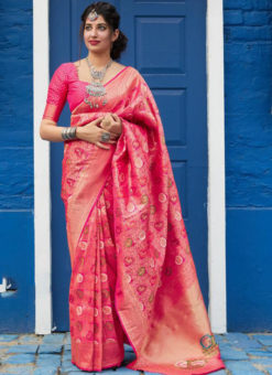 Elegant Pink Silk Zari Weaving Wedding Wear Saree