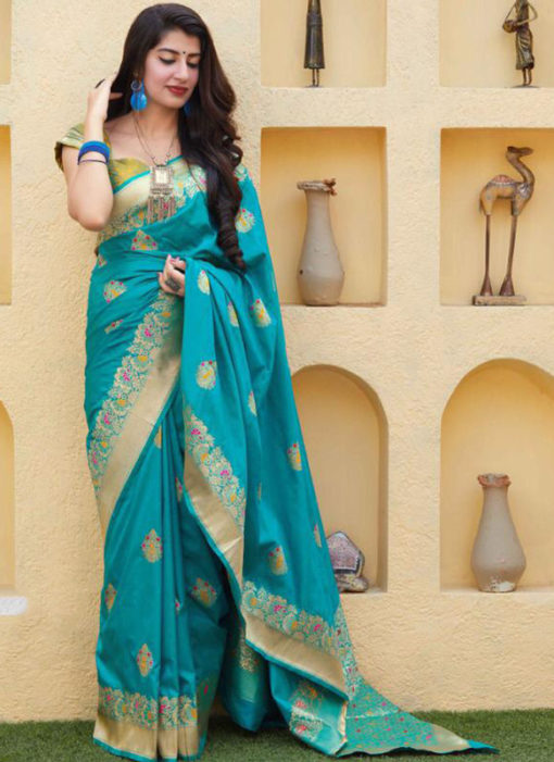 Amazing Sky Blue Silk Zari Weaving Wedding Wear Saree