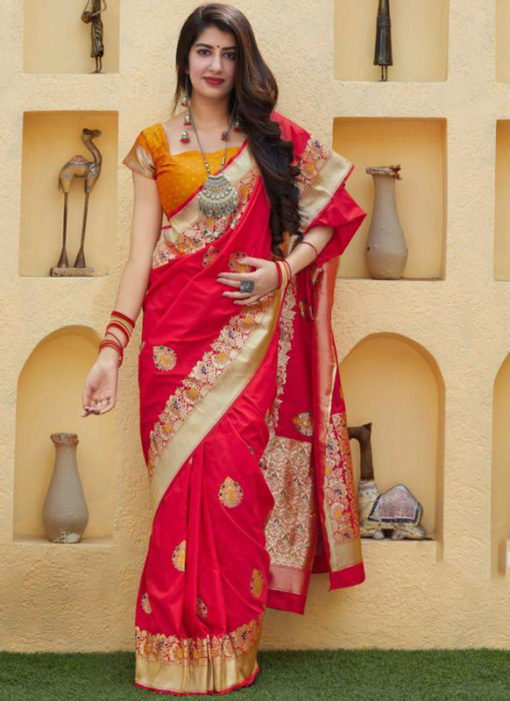 Lovely Red Silk Zari Weaving Wedding Wear Saree