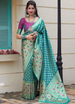 Classy Teal Silk Zari Weaving Wedding Wear Saree