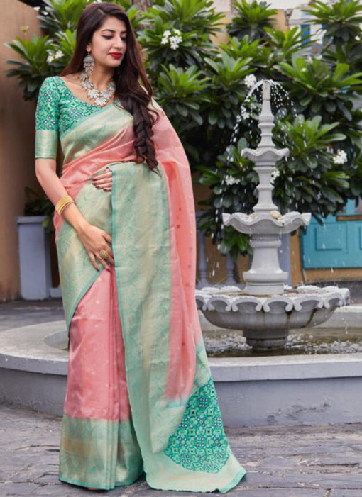 Pink And Sea Green Banarasi Silk Designer Party Wear Saree