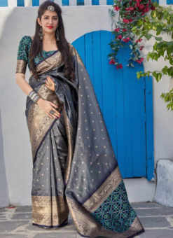 Grey Banarasi Silk Designer Party Wear Saree