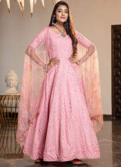 Charming Pink Georgette Thread Work Designer Ankle Length Anarkali Suit