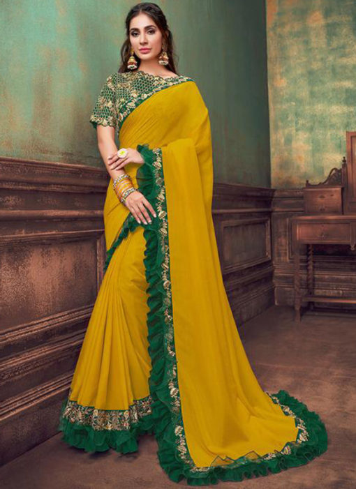 Yellow Georgette Embroidered Work Double Layer Designer Saree