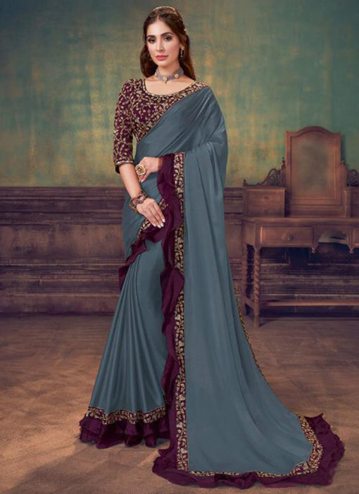 Blue And Grey Georgette Embroidered Work Double Layer Designer Saree