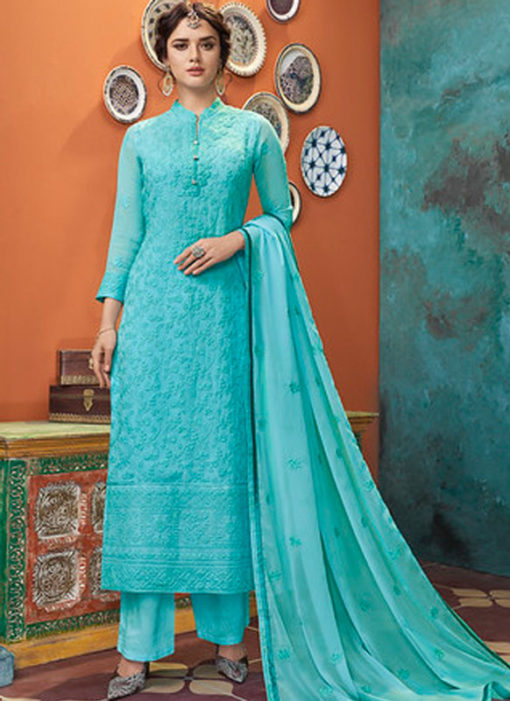 Sky Blue Georgette Lakhnavi Work Designer Palazzo Salwar Suit