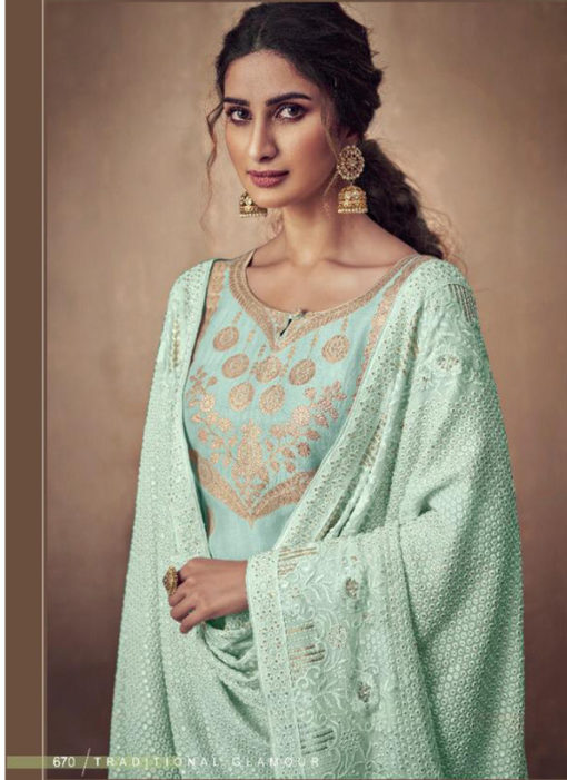 Exquisite Sky Blue Jacquard Designer Lakhnavi Work Dupatta Salwar Suit