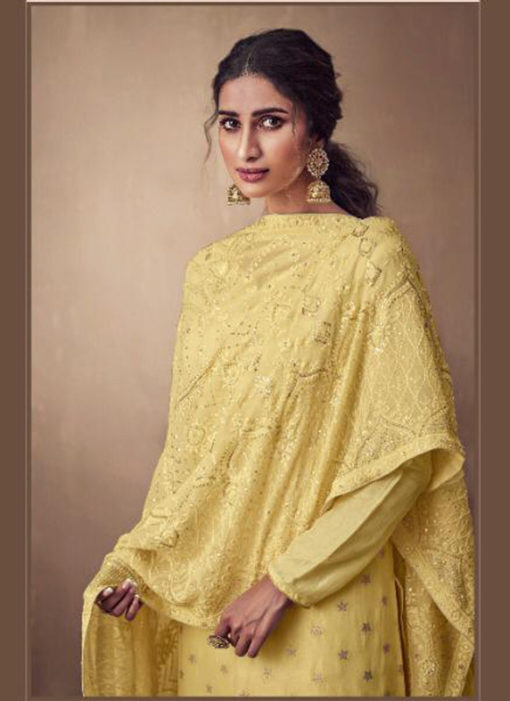 Superb Yellow Jacquard Designer Lakhnavi Work Dupatta Salwar Suit