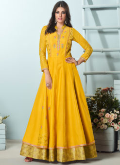 Lavish Yellow Designer Silk Party Wear Long Kurti