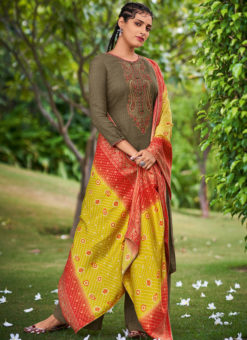 Amazing Brown Khadi Cotton Embroidered Work Designer Salwar Suit