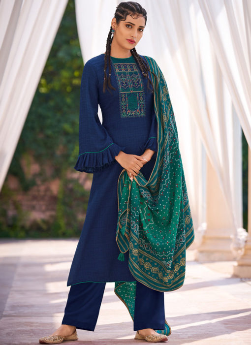 Excellent Blue Khadi Cotton Embroidered Work Designer Salwar Suit