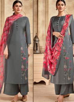 Grey Silk Embroidered Work Designer Churidar Salwar Suit