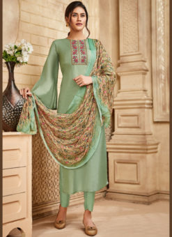 Pista Green Silk Embroidered Work Designer Churidar Salwar Suit