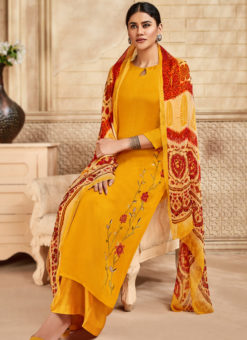 Yellow Silk Embroidered Work Designer Churidar Salwar Suit