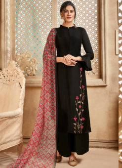 Black Silk Embroidered Work Designer Churidar Salwar Suit