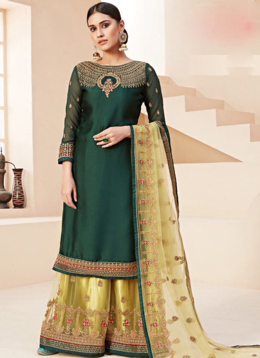 Graceful Green Satin Embroidered Work Designer Palazzo Suit