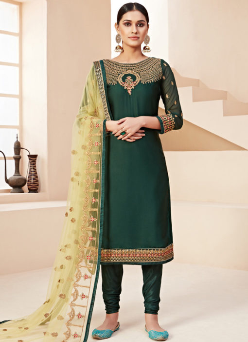 Lovely Green Satin Embroidered Work Designer Churidar Suit