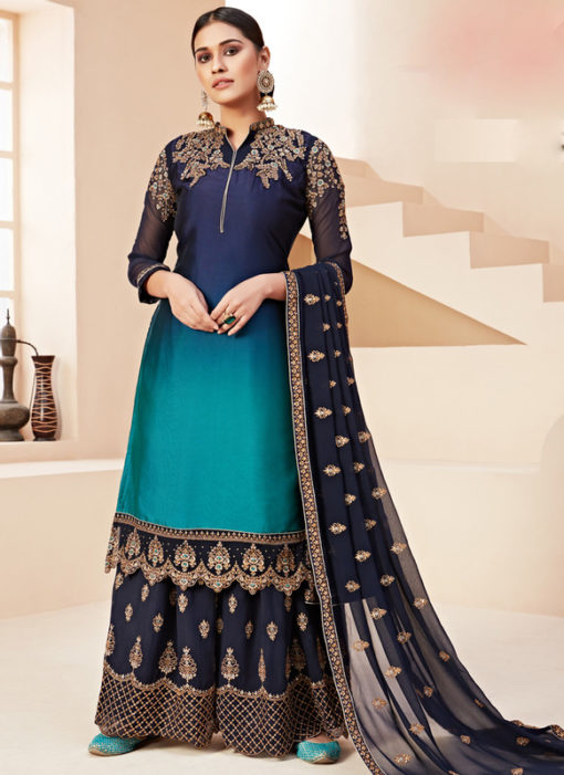 Amazing Shaded Blue Satin Embroidered Work Designer Palazzo Suit