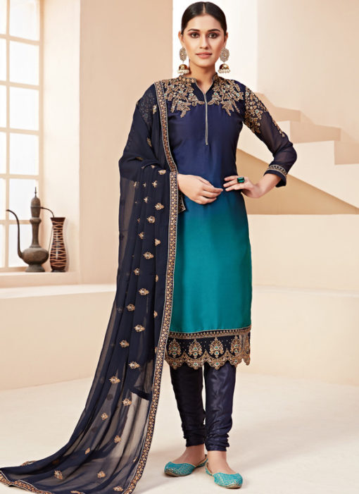 Elegant Shaded Blue Satin Embroidered Work Designer Churidar Suit