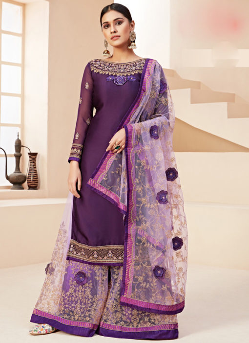 Lovely Lavender Satin Embroidered Work Designer Palazzo Suit