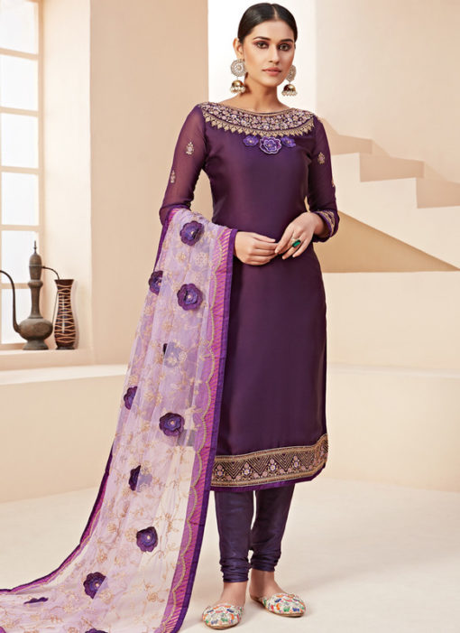 Amazing Lavender Satin Embroidered Work Designer Churidar Suit