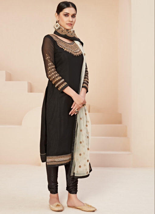 Excellent Black Satin Embroidered Work Designer Churidar Suit