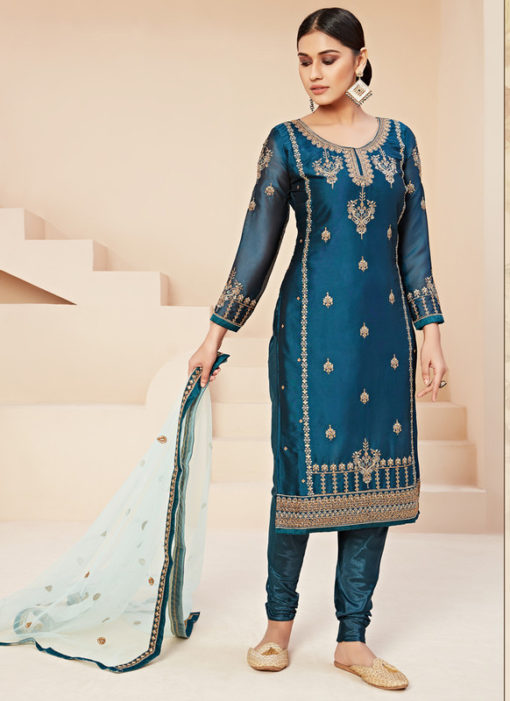 Alluring Blue Satin Embroidered Work Designer Churidar Suit