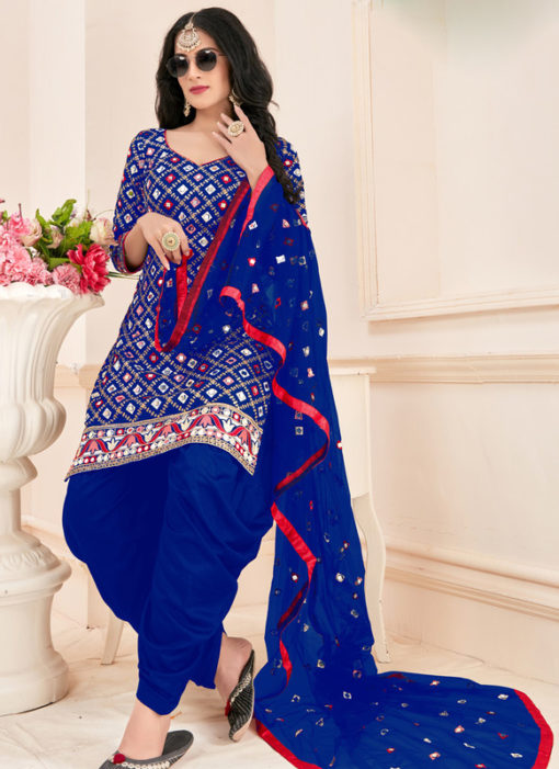 Elegant Blue Cotton Mirror Work Designer Patiyala Suit