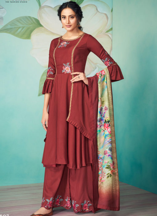 Lovely Maroon Satin Embroidered Work Party Wear Designer Kurti With Bottom