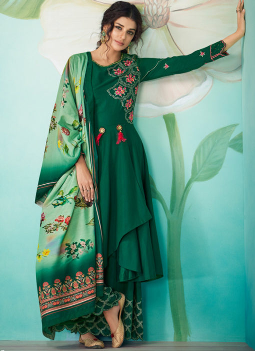 Elegant Green Satin Embroidered Work Designer Kurti With Bottom