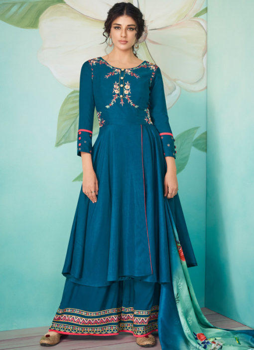Alluring Blue Satin Embroidered Work Designer Kurti With Bottom