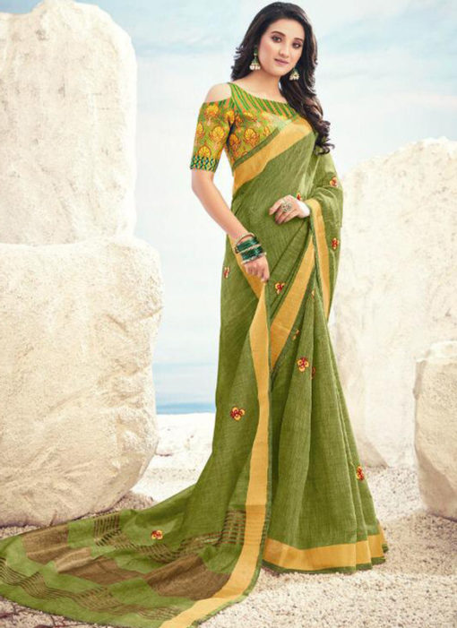 Green Cotton Zari Weaving Designer Saree