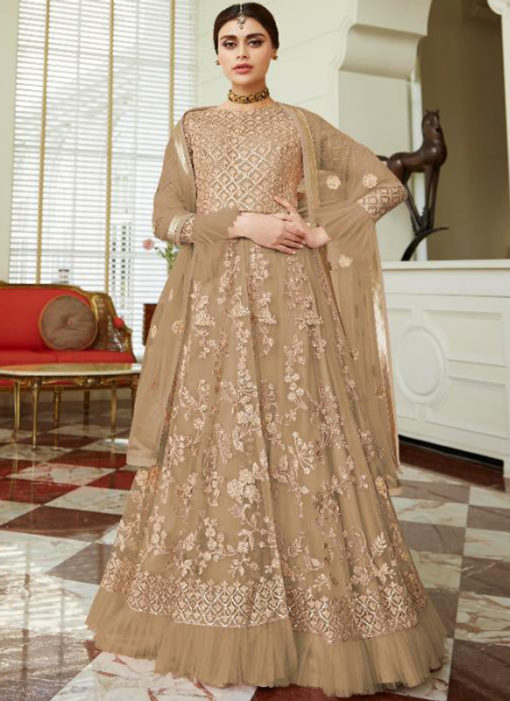 Alluring Brown Net Embroidered Work Designer Anarkali Suit